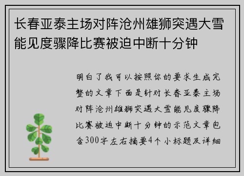 长春亚泰主场对阵沧州雄狮突遇大雪能见度骤降比赛被迫中断十分钟 长春亚泰主场对阵沧州雄狮突遇大雪能见度骤降比赛被迫中断十分钟
