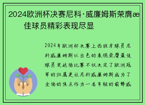 2024欧洲杯决赛尼科·威廉姆斯荣膺最佳球员精彩表现尽显